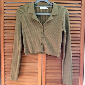 OAK + FORT Collard Ribbed Button-Up Cardigan - Mossy Green